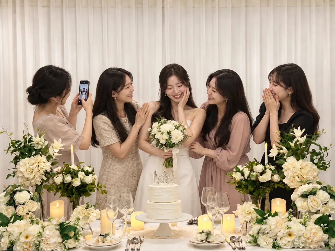 신부를 둘러싸고 축하하는 친구들